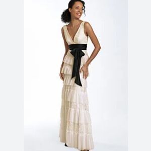 BCBGMaxAzria Off White Tiered Lace Maxi Gatsby Gown with Black Bow